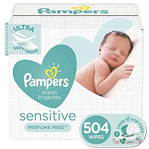 Book Cover Baby Wipes, Pampers Sensitive Water Based Baby Diaper Wipes, Hypoallergenic and Unscented, 7 Pop-Top Packs, 504 Count Total Wipes (Packaging May Vary)