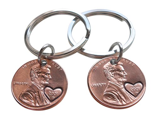 Double Keychain Set 2001 Penny Keychains With Heart Around Year; 18 year Anniversary Gift, Engraved Couples Keychain