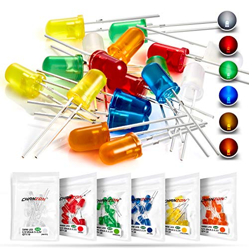 CHANZON 60pcs 5mm LED Diode Lights Assortment Kit Pack Diffused Round Lens DC 3V 20mA Lighting Bulb Lamp Assorted Variety Color Electronics Components Light Emitting Diodes Parts (6 Colors x 10 pcs)