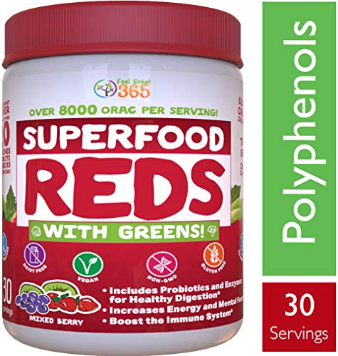 Book Cover Superfood Vital Reds with Greens Juice Powder by Feel Great 365, Doctor Formulated,100% Non-GMO, Whole Food Multivitamin Powder - Fruits, Vegetables, Probiotics, Digestive Enzymes & Polyphenols