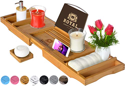 ROYAL CRAFT WOOD Bathtub Tray Caddy for Tub, Bamboo Bath Shelf, Premium Foldable Wood Bath Table, Expandable Bathtub & Bathroom Accessories, New Home Gifts for Mom, Housewarming, Anniversary, Wedding