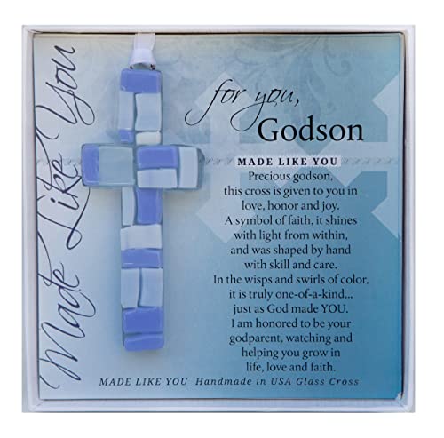Handmade in USA Glass Cross with Loving Sentiments - Unique Christian Gift for Godson from Godparents -On Birth Baptism Confirmation Christening Birthday/Gift for Godson from Godmother/Godfather