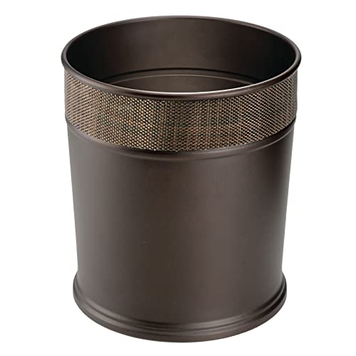 Book Cover mDesign Decorative Round Small Trash Can Wastebasket, Garbage Container Bin for Bathrooms, Powder Rooms, Kitchens, Home Offices - Steel in Bronze Finish with Woven Textured Accent