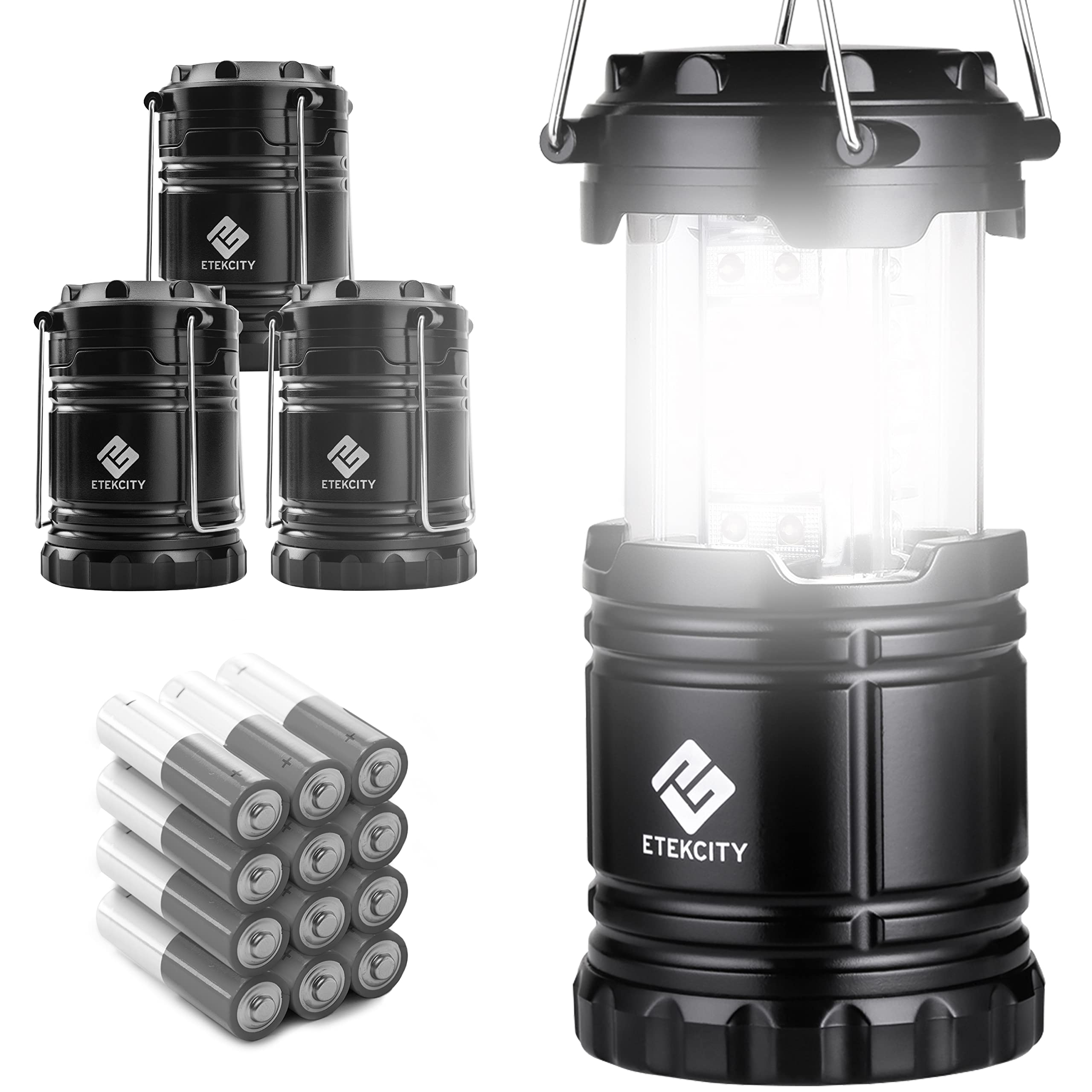 Book Cover Etekcity 4 Pack LED Camping Lantern Portable Flashlight with 12 AA Batteries - Survival Kit for Emergency, Hurricane, Power Outage (Black, Collapsible) (CL10)