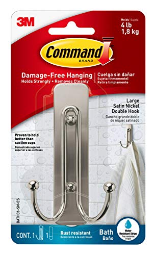 Book Cover Command Bathroom Large Double Hook in Satin Nickel, Suitable for hanging items up to 1.8 kg