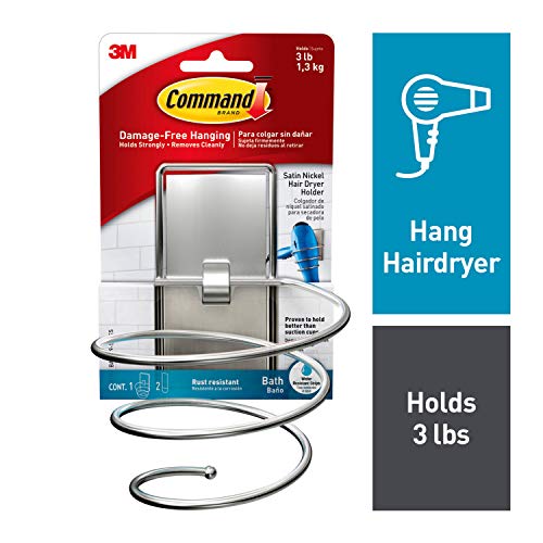 Book Cover Command, Satin Nickel, 1-Hair Dryer Holder, 2-Large Water-Resistant Strips - BATH39-SN-ES