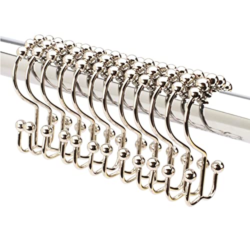 2LB Depot Double Shower Curtain Hooks Rings Polished Nickel Decor Finish Premium Rust-Resistant Stainless Steel Metal Hooks Roller Balls Glide on Shower Rods 12-Piece Set