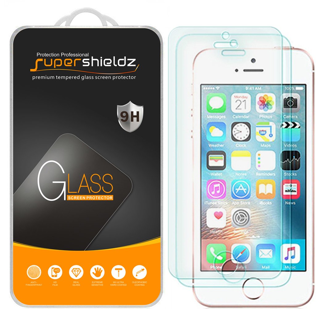 Supershieldz (2 Pack) for iPhone SE, iPhone 5, iPhone 5S, iPhone 5C Tempered Glass Screen Protector Anti Scratch, Bubble Free