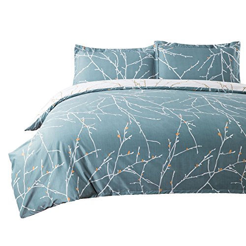 Book Cover Duvet Cover Set with Zipper Closure-Blue/beige Branch Printed Pattern Reversible,Full/Queen (86x96 inches)-3 Pieces (1 Duvet Cover + 2 Pillow Shams)-110 gsm Ultra Soft Hypoallergenic Microfiber