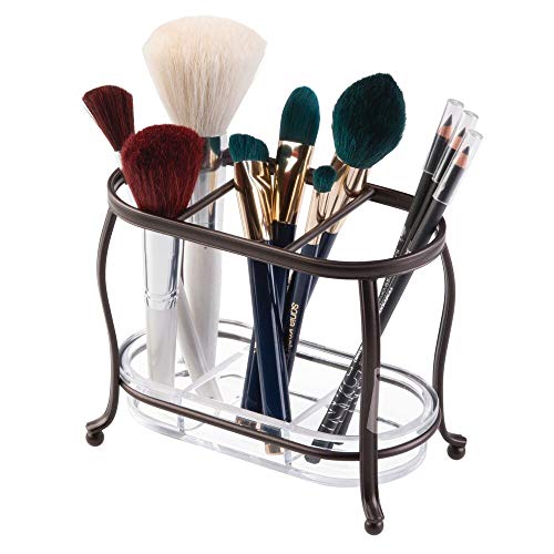 Book Cover mDesign Decorative Makeup Brush Storage Organizer Tray Stand for Bathroom Vanity Counter Tops, Dressing Tables, Cosmetic Stations - 3 Sections with Removable Bottom Tray - Bronze/Clear
