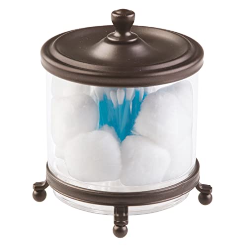 mDesign Round Bathroom Vanity Countertop Divided Storage Canister Plastic Jar with Metal Lid for Cotton Swabs, Rounds, Balls, Makeup Sponges, Blenders, Bath Salts - Clear/Bronze