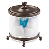 mDesign Round Bathroom Vanity Countertop Divided Storage Canister Plastic Jar with Metal Lid for Cotton Swabs, Rounds, Balls, Makeup Sponges, Blenders, Bath Salts - Clear/Bronze