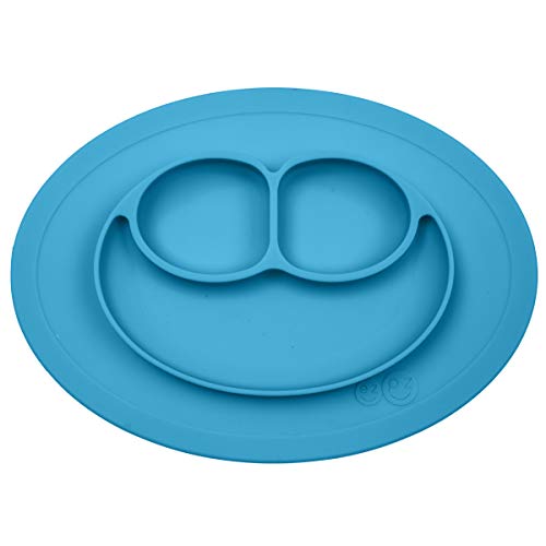 Book Cover ezpz Mini Mat (Blue) - 100% Silicone Suction Plate with Built-in Placemat for Infants + Toddlers - First Foods + Self-Feeding - Comes with a Reusable Travel Bag