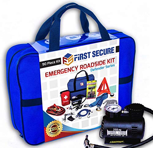 Book Cover First Secure Car Emergency Kit with Roadside Assistance Jumper Cables Portable Air Compressor Tow Strap