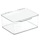 mDesign Stackable Plastic Bathroom Vanity Countertop Storage Cosmetic Organizer Box with Hinged Lid for Makeup, Beauty, Hair, Nail Supplies - Clear