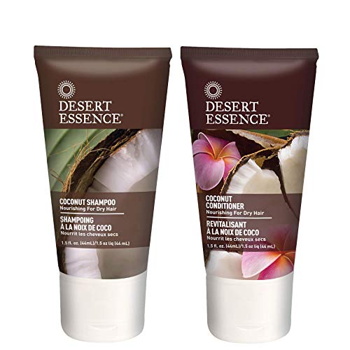 Desert Essence Coconut Shampoo & Conditioner Travel Size Bundle - 1.5 Fl Oz - Nourishing For Dry Hair - Moisturizing - Softening - Hydrating - Anti-Frizz - Shea Butter - Certified Organic
