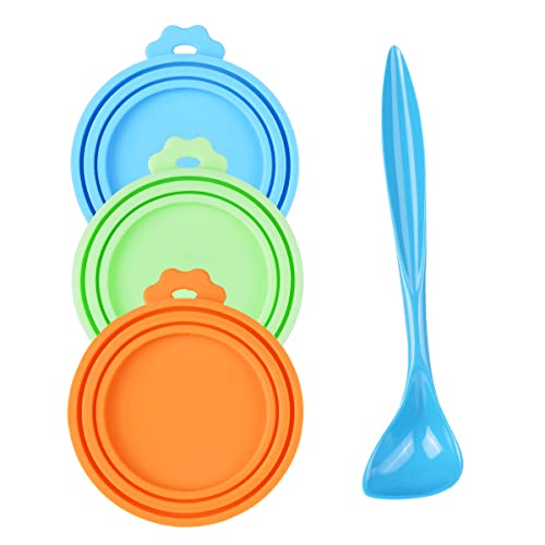 PetBonus 3-Pack Silicone Pet Can Covers, Dog Cat Food Can lids, Fit Multiple Sizes - BPA Free Dishwasher Safe - a Long Handle Special Curved Design Can Food Spoon