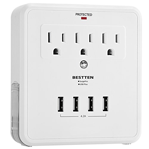 BESTTEN Outlet Extender with 4 USB Charging Ports (4.2A Total) and 3 AC Sockets, 300 Joule Surge Protector, Plug Multiplier with 2 Slide-Out Phone Holders, USB Cable Included, ETL Certified, White