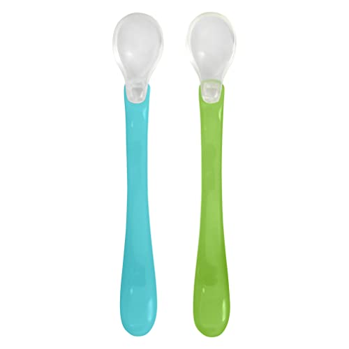 green sprouts Feeding Spoons (2 pack) | Gently transitions baby to pureed foods | Silicone tip is soft on gums, Long, curved handle for easy feeding, Built-in spoon rest, Dishwasher safe