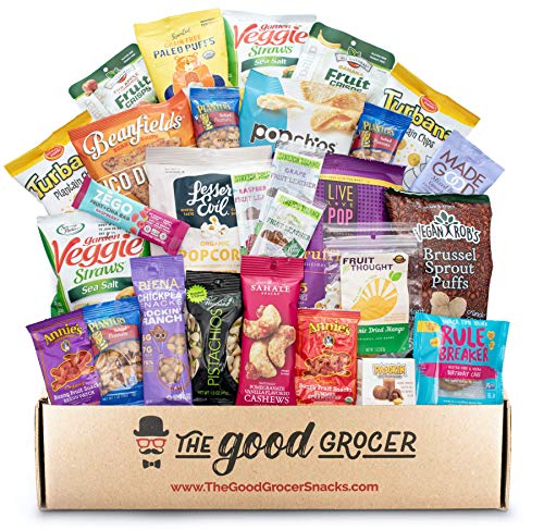 Book Cover GLUTEN FREE and VEGAN (DAIRY and FIG FREE) Healthy Snacks Care Package (28 Ct): Cookies, Bars, Chips, Fruit, Nuts, Trail Mix, Gift Box Sampler, Office Variety, College Student Care Package, Gift Basket Alternative