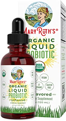 Book Cover Organic Liquid Probiotics by MaryRuth's (Plant-Based) - Men Women Kids Babies Toddlers - Non-GMO Vegan RAW Paleo - 12 Live strains of Flora w/acidophilus probiotic for Digestion 4oz Glass