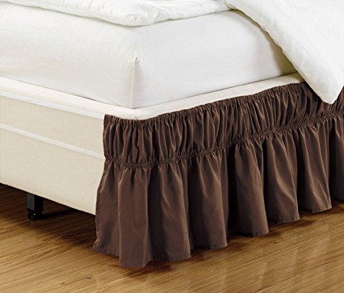 Grand Linen Wrap Around Dark Brown Ruffled Elastic Solid Bed Skirt Fits Both Queen, King and Cal King Size Bedding High Thread Count 14 inch Fall Microfiber Dust Ruffle, Silky Soft & Wrinkle Free.