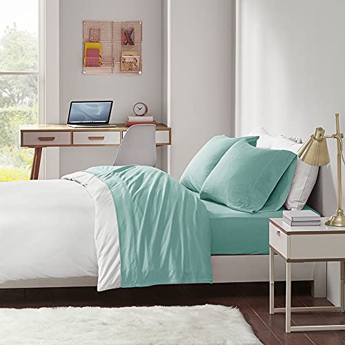 Intelligent Design Cotton Blend Jersey Knit Wrinkle Resistant, Soft Sheets with 14" Deep Pocket All Season, Cozy Bedding-Set, Matching Pillow Case, Full, Aqua, 4 Piece