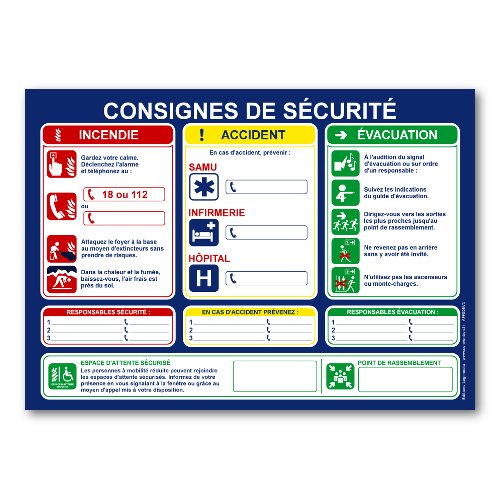 Consignes de sécurité en entreprise - panneau d'affichage