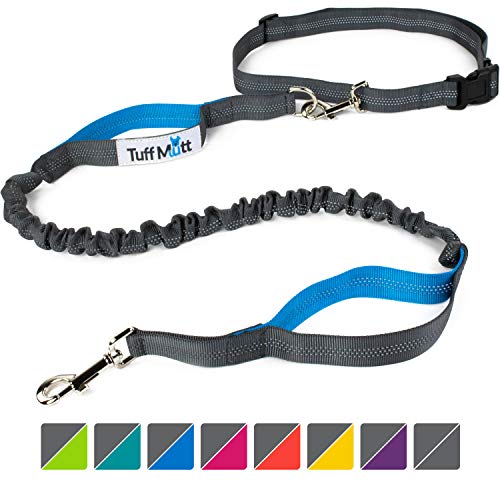 Tuff Mutt - Hands Free Dog Leash for Running, Walking, Hiking, Durable Dual-Handle Bungee Leash, Reflective Stitching, 4-Foot Long, Adjustable Waist Belt (Fits up to 42" Waist)
