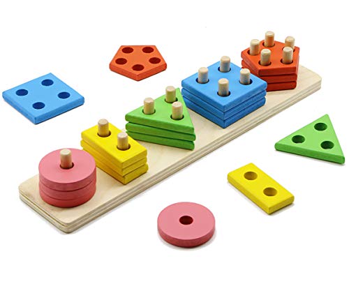 MoTrent Wooden Color Recognition & Shape Sorter, Colorful Geometric Board Sorting & Stack Chunky Puzzle Toys for Kids