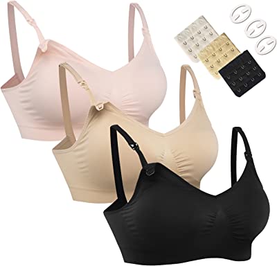 Women's Full Cup Lightly Padded Wirefree Maternity Breastfeeding Nursing Bra,M,3PCS/Pack(Pink-Black-Beige)