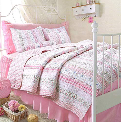 Book Cover Cozy Line Home Fashions Pink Flower Lace Ruffle Stripe Shabby Chic Girl 100% Cotton Reversible Quilt Bedding Set, Coverlet, Bedspread (Pink Lace, Twin - 2 Piece: 1 Quilt + 1 Sham)