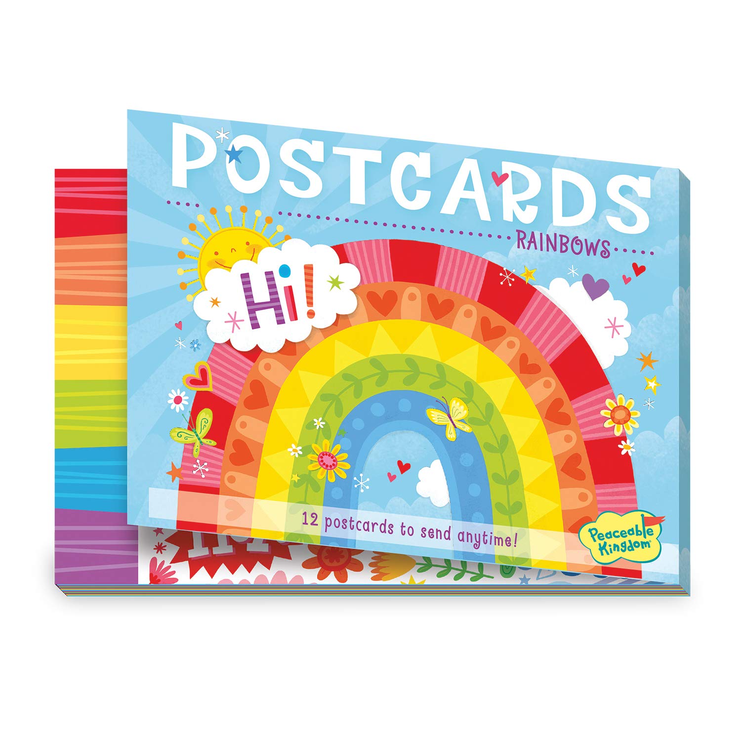 Book Cover Peaceable Kingdom 12 Postcard Booklet for kids – Rainbow Theme - 3 each of 4 designs – Send love with rainbow, peace & love postcard styles for boys & girls – Great for summer camp