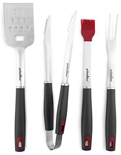 Grillaholics BBQ Grill Tools Set - 4-Piece Heavy Duty Stainless Steel Barbecue Grilling Utensils - Premium Grill Accessories for Barbecue - Spatula, Tongs, Fork, and Basting Brush