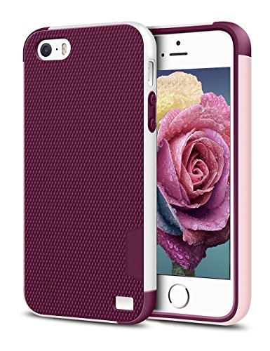 iPhone 5/5S SE Case, EXSEK Hybrid Impact Ultra Slim 3 Color Shockproof Case [Anti-Slip] [Extra Front Raised Lip] Scratch Resistant Soft Gel Bumper Rugged Case for iPhone 5/5S (Wine Red)