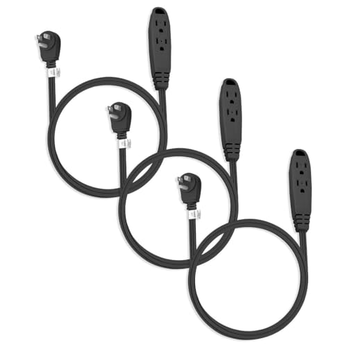 Aurum Cables 3 Outlet Flat Extension Cord for Indoor, 3 Prong Extension Cord with 16AWG 125V 1625W, UL Listed Triple Wire Grounded Multi Outlet Plug 1ft Black 3 Pack