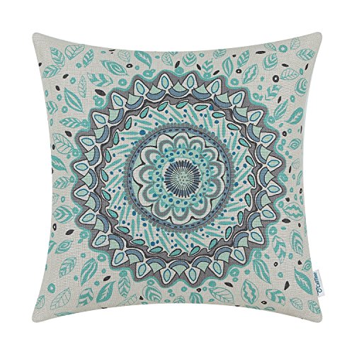 Book Cover CaliTime Cushion Covers Cases Poly Faux Linen Bolster Pillows Shells Bench Sofa, Floral Compass Leaves Medallion, 45cm x 45cm, Turquoise