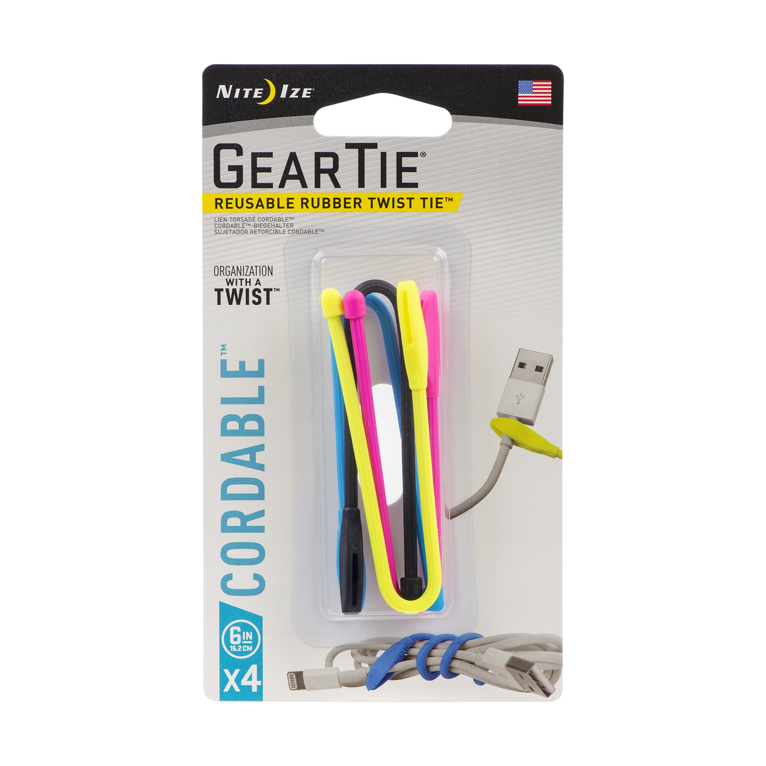 Nite Ize Gear Tie Cordable, The Orginal Reusable Rubber Twist Tie with Stretch-Loop For Cord Management + Storage, 6-Inch, Assorted Colors, 4 Pack, Made in the USA Assorted 6" Tie