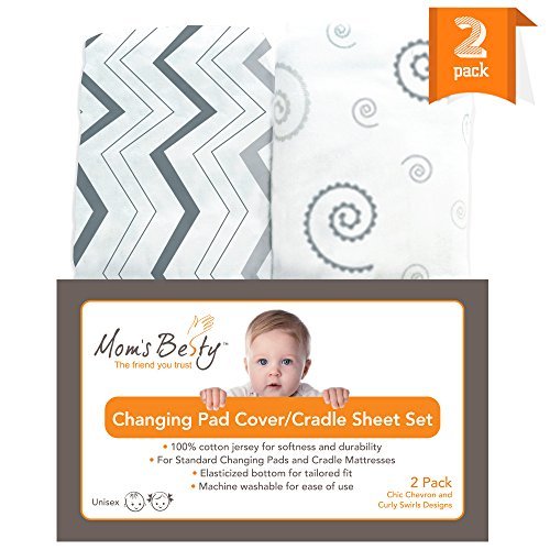 Book Cover Changing Pad Covers, Baby Cradle Sheet 2 Pack - 100% Jersey Cotton Sheets, Grey and White - Unisex Design for Baby Boy or Girl - Chevron and Curly Swirls