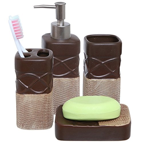 Book Cover MyGift 4 Piece Brown Bathroom Accessories Set with Toothbrush Holder, Tumbler, Soap Dish & Liquid Soap Dispenser