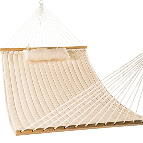 Lazy Daze 12 FT Double Quilted Fabric Hammock with Spreader Bars and Detachable Pillow, 2 Person Hammock for Outdoor Patio Backyard Poolside, 450 LBS Weight Capacity, Dark Cream