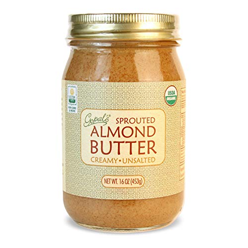 Gopal's Organic RAW SPROUTED Almond Butter, USDA Organic and Gluten-Free, Creamy and Unsalted, 16 Ounce (453 Grams) Glass Jar