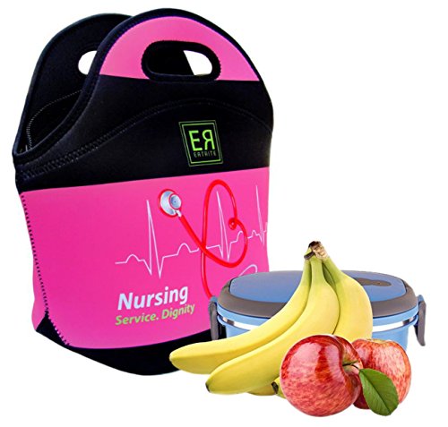 EatRite Heavy-Duty-Zipper 4mm XThick XLarge Insulated Neoprene Lunch Tote Bag for Nurses 13 x 12.5 x 6.5in Black, Fuchsia/Black (Fuchsia/Black)