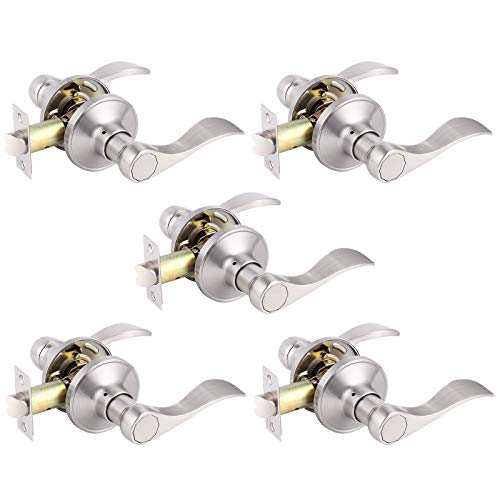 Gobrico 5 Pack Satin Nickel Wave Style Interior Door Lever Handles, Passage Hall and Closet No Locking Door Knobs for Left/Right Handed