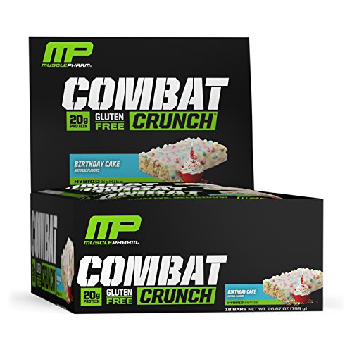 MusclePharm Combat Crunch Protein Bar, Multi-Layered Baked Bar, Gluten-Free Bars, 20 g Protein, Low-Sugar, Low-Carb, Gluten-Free, Birthday Cake Bars, 12 Servings