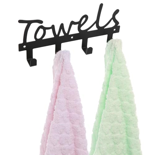 MyGift Black Metal TOWELS Design Wall Mounted Kitchen/Bathroom Storage Organiser Rack w/ 4 Hooks