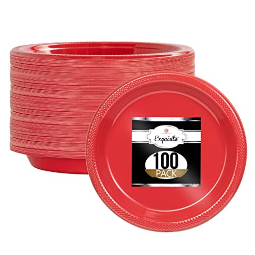 Exquisite Red Plastic Plates 100 Count I 9 Inch I Round Red Disposable Plates - Disposable Red Dinner Party Plates For All Occasions - Red Plastic Party Plates For Parties