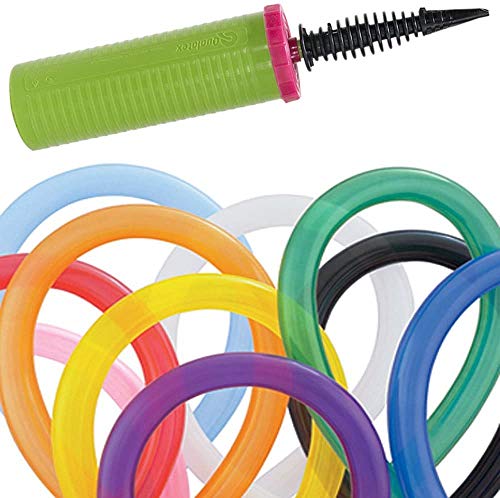 Qualatex Hand Held Air Inflator - Double Action Balloon Pump with 260Q Twister Balloons, Pack of 100 (Traditional Assortment)