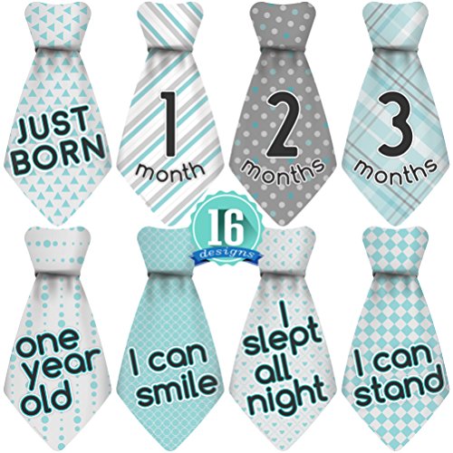 Book Cover Original Stick'Nsnap (TM) 16 Baby Monthly Necktie Onesie Stickers - 'Happy Patterns' (TM), Blue/Turquoise/Gray. Milestones for 12 Months and 4 Milestones