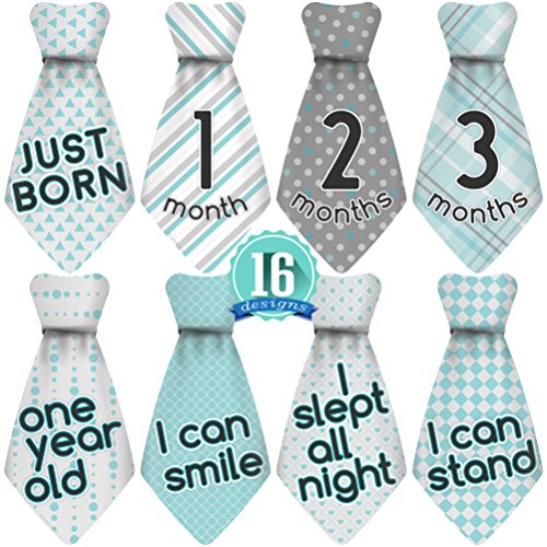 Original Stick'Nsnap (TM) 16 Baby Monthly Necktie Onesie Stickers - 'Happy Patterns' (TM), Blue/Turquoise/Gray. Milestones for 12 Months and 4 Milestones